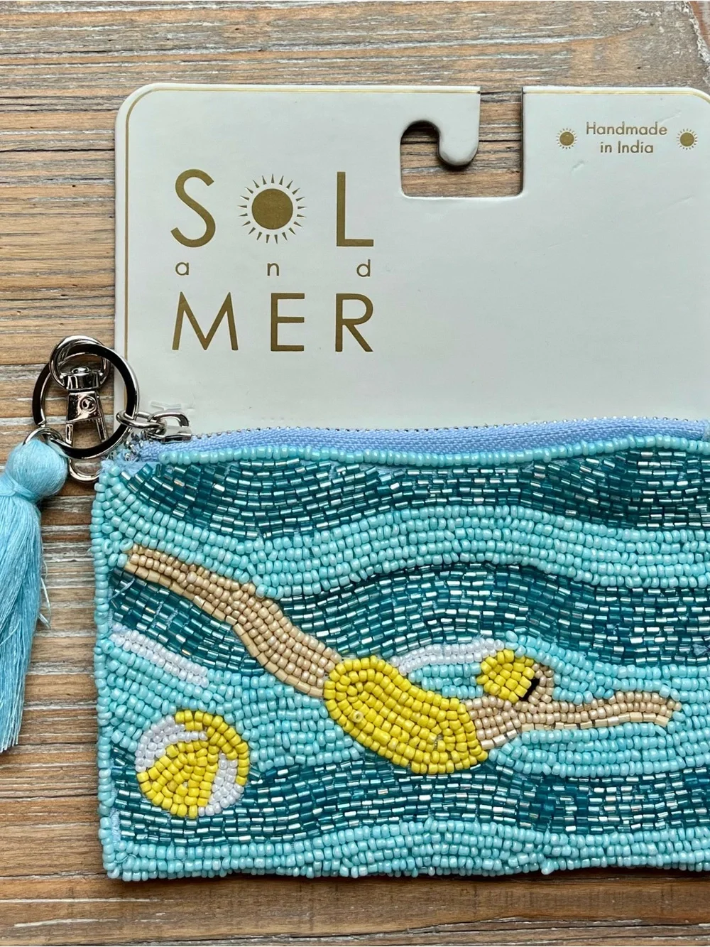 NWT Sol and Mer Beaded Swimmer Coin Purse Pouch Tassel Blue Yellow NEW